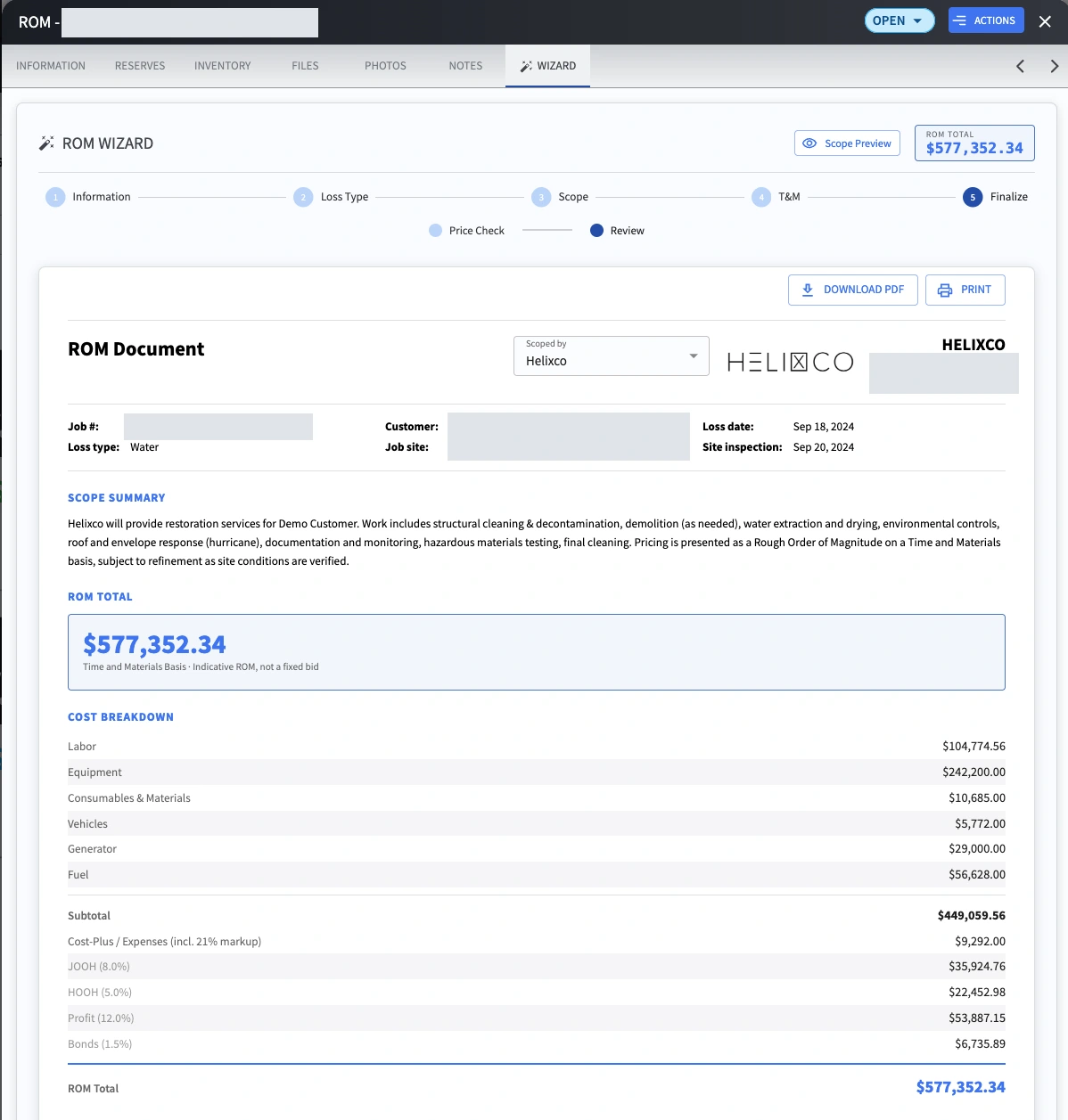 ROM Wizard document preview showing a scope summary, ROM total, cost breakdown, and download and print controls. Identifying details are redacted.