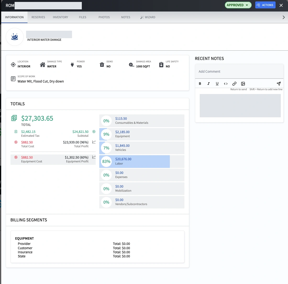 Example ROM record showing scope, totals, and cost categories, with project identifiers and a private note redacted.