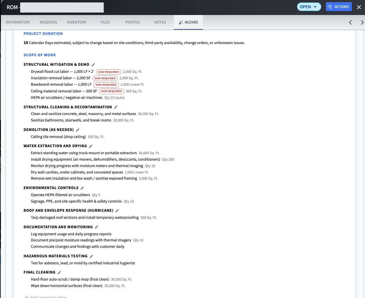 ROM Wizard detailed scope showing project duration and restoration work categories with tasks and quantities. The project name is redacted.